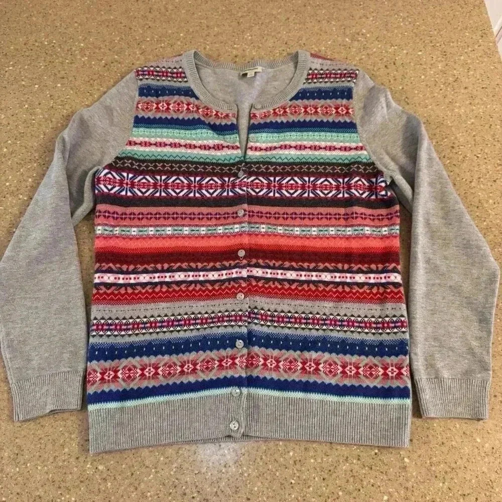 Talbots Womens Multi Color Knit Round Neck Long Sleeve Cardigan Sweater Size Med